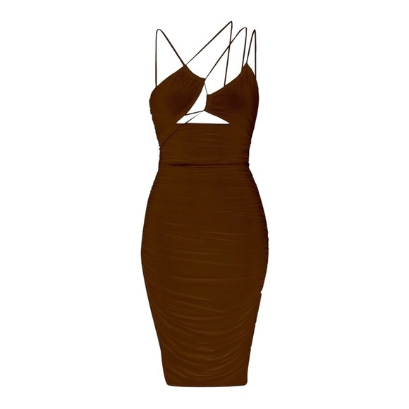 LEAU Seoul Strap Cutout Mesh Bodycon Midi Dress Brown Small NWT Sexy - Picture 4 of 11